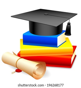 Graduation cap on stack of color books and diploma scroll.