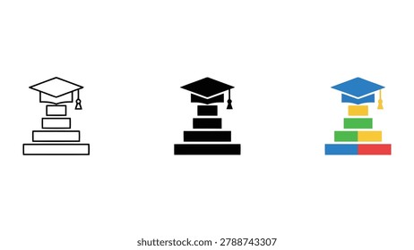 Graduation cap on stacked rectangular blocks icon set in outline solid and multicolor flat styles for educational attainment and academic achievement concepts