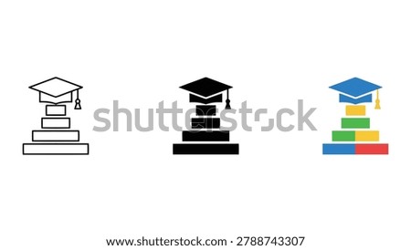 Graduation cap on stacked rectangular blocks icon set in outline solid and multicolor flat styles for educational attainment and academic achievement concepts