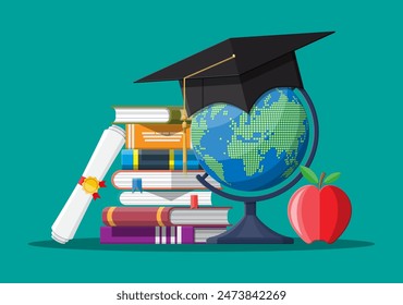 Graduation cap on stuck of books, globe and apple. Academic and school knowledge, education and graduation. Vector illustration in flat style