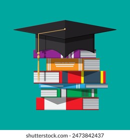 Graduation cap on stuck of books. Academic and school knowledge, education and graduation. Vector illustration in flat style