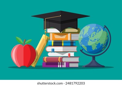 Graduation cap on stuck of books, globe and apple. Academic and school knowledge, education and graduation. Vector illustration in flat style