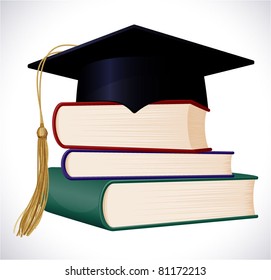 Graduation cap on stuck of books. Vector illustration.