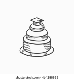 Tapa de graduación en la parte superior del icono de esbozo del vector de pastel aislado en el fondo. Tapa de graduación dibujada a mano encima del icono de pastel. Tapa de graduación encima del icono de sketch de tartas para infografía, sitio web o aplicación.