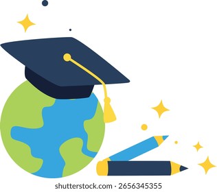 Un gorro de graduación en la parte superior del globo terráqueo con lápiz y destellos. Representa la educación global, el éxito y el logro.