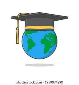 Graduation Cap On Top Of The Globe Vector Icon Illustration. World Education Concept Flat Icon