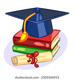 A graduation cap is on top of a stack of books. The cap is black and has a gold tassel. The books are red, green, and blue. Concept of a graduation ceremony and the importance of education.