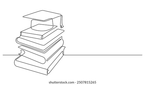 graduation cap on top of stack books in continuous line drawing vector illustration congratulation and education concept