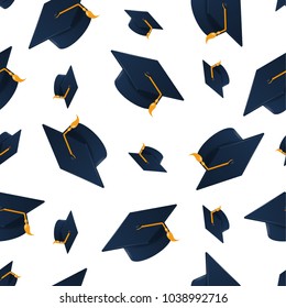 Gorra de graduación sobre fondo blanco. Patrón sin fisuras.