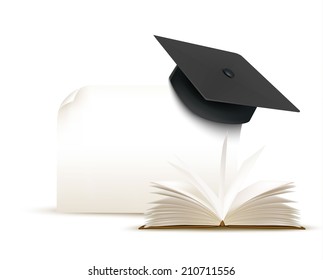 Graduation cap on white background with a book. Vector.