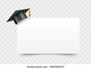 Graduation cap on white paper board corner, education design element, vector illustration