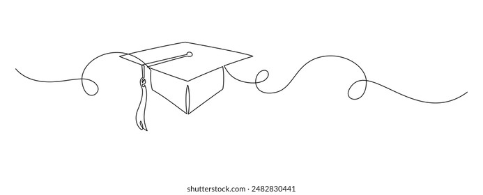 Graduation cap in One continuous line drawing. Student and college hat symbol in simple linear style. Education and academic degree concept in editable stroke. Doodle oneline vector illustration