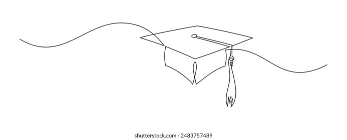 Graduation cap in One continuous line drawing. Student and college hat symbol in simple linear style. Education and academic degree concept in editable stroke. Doodle monoline vector illustration