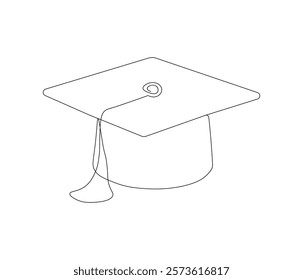 Graduation cap one continuous line drawing. Studying thin symbol or logo in simple linear style. Concept vector art for university or college. Editable stroke. Doodle line illustration

