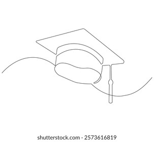 Graduation cap one continuous line drawing. Studying thin symbol or logo in simple linear style. Concept vector art for university or college. Editable stroke. Doodle line illustration

