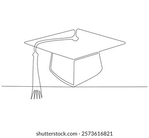 Graduation cap one continuous line drawing. Studying thin symbol or logo in simple linear style. Concept vector art for university or college. Editable stroke. Doodle line illustration

