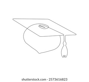Graduation cap one continuous line drawing. Studying thin symbol or logo in simple linear style. Concept vector art for university or college. Editable stroke. Doodle line illustration

