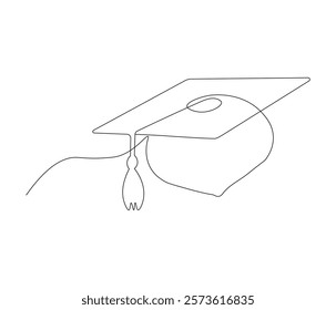 Graduation cap one continuous line drawing. Studying thin symbol or logo in simple linear style. Concept vector art for university or college. Editable stroke. Doodle line illustration

