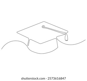 Graduation cap one continuous line drawing. Studying thin symbol or logo in simple linear style. Concept vector art for university or college. Editable stroke. Doodle line illustration


