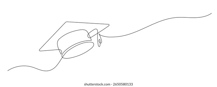 Tampa de graduação em um desenho de linha contínua. Ilustração vetorial minimalista de celebração acadêmica, realização ou sucesso educacional. Estilo linear simples, isolado em fundo branco.