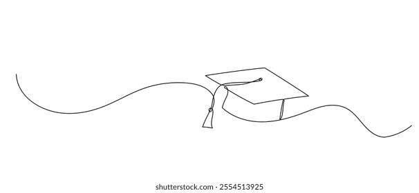 Graduation cap one line illustration. Hand drawn continuous sketch of student hat on white background