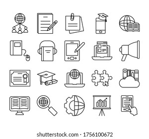 graduation cap and online education icon set over white background, line style, vector illustration