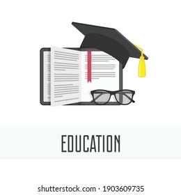 Graduation cap and open book. The concept education. Online study design. Symbol of learning, knowledge, intelligence, flat cartoon.