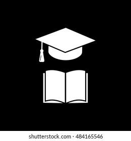 Graduation Cap And Open Book Flat Icon On Black Background