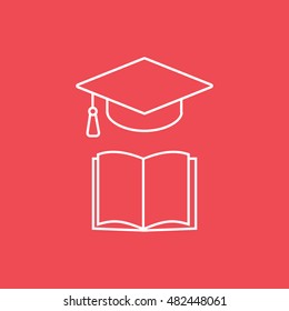Graduation Cap And Open Book Line Icon On Red Background