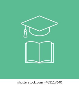 Graduation Cap And Open Book Line Icon On Green Background