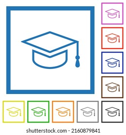 Graduation cap outline flat color icons in square frames on white background
