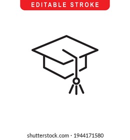 Graduation Cap Outline Icon. Graduation Hat Line Art Logo. Vector Illustration. Isolated on White Background. Editable Stroke