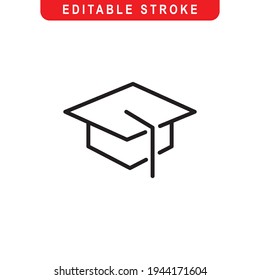 Graduation Cap Outline Icon. Graduation Hat Line Art Logo. Vector Illustration. Isolated on White Background. Editable Stroke