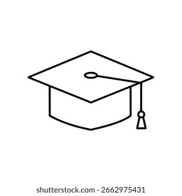 Graduation cap outline vector icon, a simple line art drawing of a mortarboard for education, university, and academic concepts.
