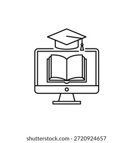 Boné de graduação sobre um livro aberto em uma tela de computador educação online aprendizagem