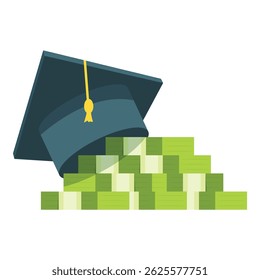 Graduation cap overflowing with cash representing the financial investment required for a good education