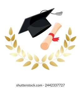 Gorra de graduación con diploma de pergamino de papel en un vector de corona de laurel dorado aislado sobre fondo blanco. Sombrero de graduación académico con icono de borla. Concepto de educación.Emblema,logotipo,elemento de diseño