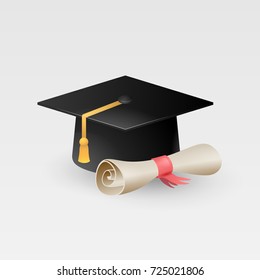 Graduation cap with paper scroll diploma vector isolated on white background, graduation hat with tassel icon, academic cap, vector illustration.