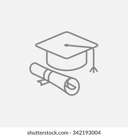 Graduation cap with paper scroll line icon for web, mobile and infographics. Vector dark grey icon isolated on light grey background.