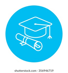 Graduation cap with paper scroll line icon for web, mobile and infographics. Vector white icon on the light blue circle isolated on white background.