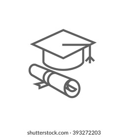 Graduation cap with paper scroll line icon.