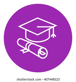 Graduation cap with paper scroll line icon.