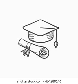 Graduation cap and paper scroll vector sketch icon isolated on background. Hand drawn Graduation cap and paper scroll icon. Graduation cap and paper scroll sketch icon for infographic, website or app.