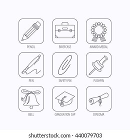 Graduation cap, pencil and diploma icons. Award medal, briefcase and bell linear signs. Pen, safety pin icons. Flat linear icons in squares on white background. Vector