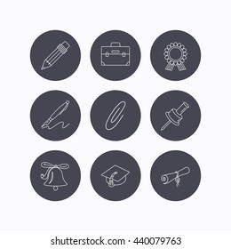 Graduation cap, pencil and diploma icons. Award medal, briefcase and bell linear signs. Pen, safety pin icons. Flat icons in circle buttons on white background. Vector