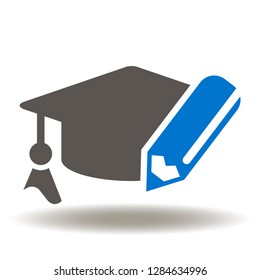 Graduation cap pencil icon vector. E-learning logo. Education and development illustration. Knowledge symbol.