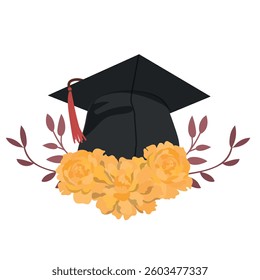 Graduation cap with peony wreath. Hand drawn school vector Illustration