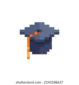 Graduation cap pixel art icon. Academic student hat. Education graduation university cap isolated on white background vector illustration. Design for stickers, app and logo.
