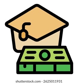 Graduation cap placed on a stack of money representing the financial investment required for higher education