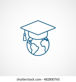 Graduation Cap And Planet Blue Line Icon On White Background